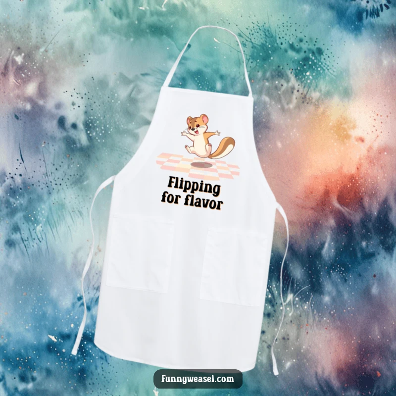 Funny Weasel Apron featuring a weasel performing a dynamic cartwheel, ready for kitchen chaos and comedic flair.