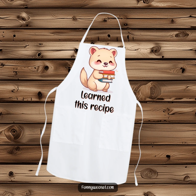 Funny apron featuring a cheerful weasel stacked with books, designed for cooks who love humor and reading, a great funny gift.