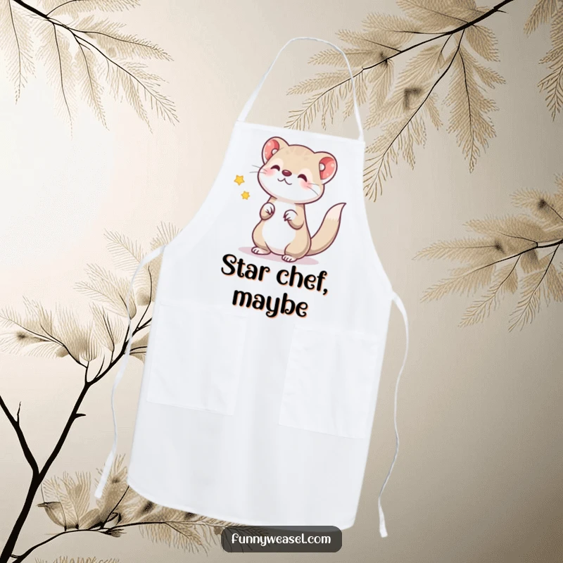 Funny apron illustration of a weasel tossing a star, designed for culinary fun and as a whimsical funny gift.
