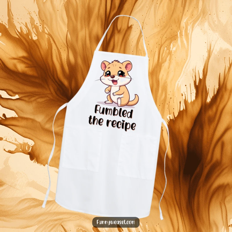Funny Weasel Apron showing a goofy weasel tripping over its feet with a surprised yelp, ideal for kitchen fun and mishaps.