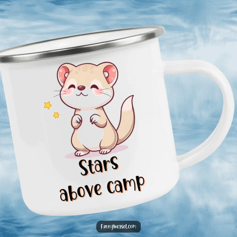 Funny camping mug showing a playful weasel tossing a star, ideal for outdoor trips and as a humorous funny gift.