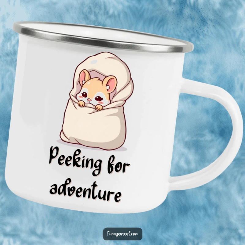 Funny Weasel Camping Mug with a cheeky weasel peeking from a large bag, ready for outdoor adventures and humorous secrets.