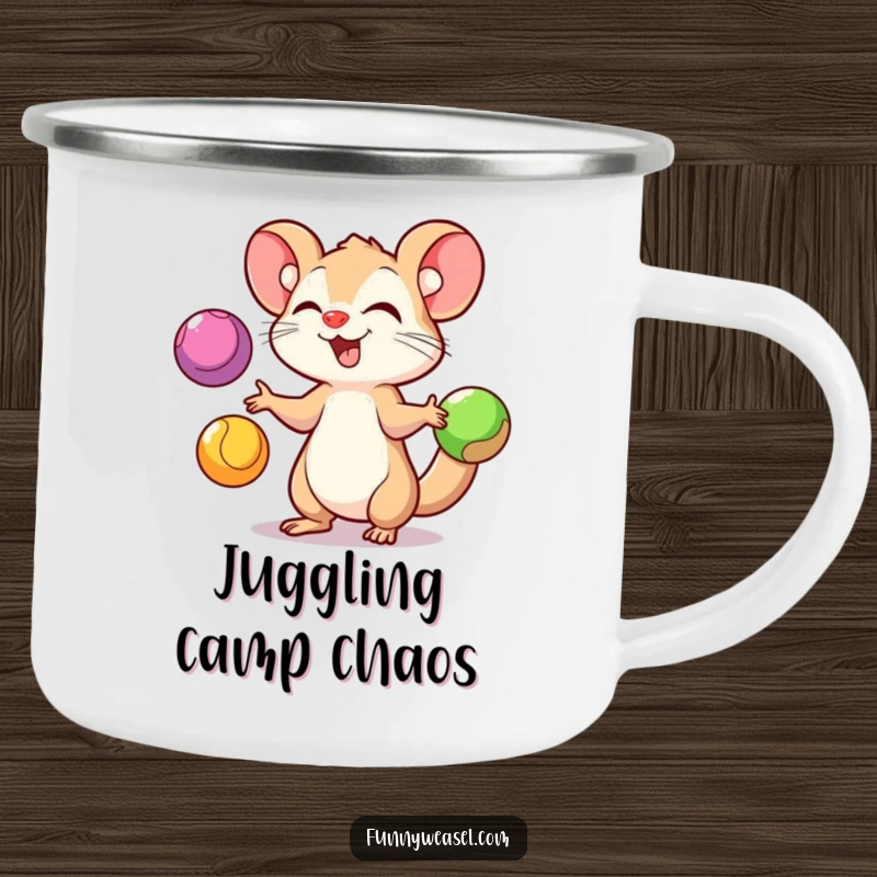 Funny Weasel Camping Mug with a playful weasel juggling three colorful balls, ready for outdoor adventures and humorous performances.