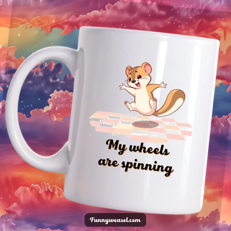 Funny Weasel Mug featuring a hyperactive weasel mid-cartwheel on a checkered floor, conveying pure, unadulterated comedic energy.