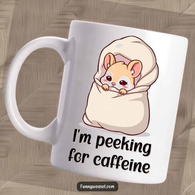 Funny Weasel Mug featuring a cheeky weasel peeking slyly from behind a huge, overflowing bag, hinting at hidden treasures.