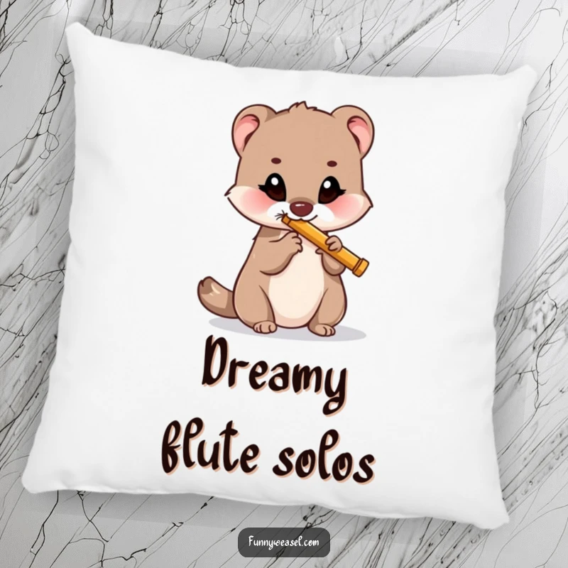 Funny pillow design featuring a weasel playing a tiny flute, bringing comfort and musical humor, a perfect funny gift.
