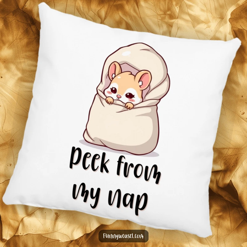 Funny Weasel Pillow showing a cheeky weasel peeking from a large bag, offering plush comfort and a hint of playful secrets.