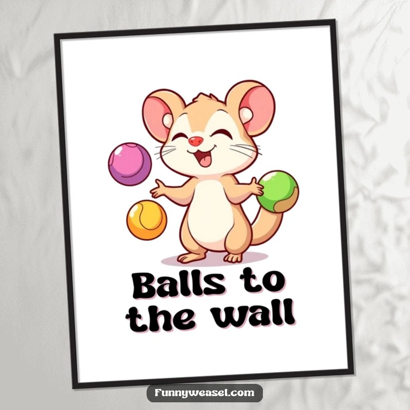 Funny Weasel Digital Art Print of a playful weasel juggling three colorful balls with gusto, ideal for instant download and humorous decor.