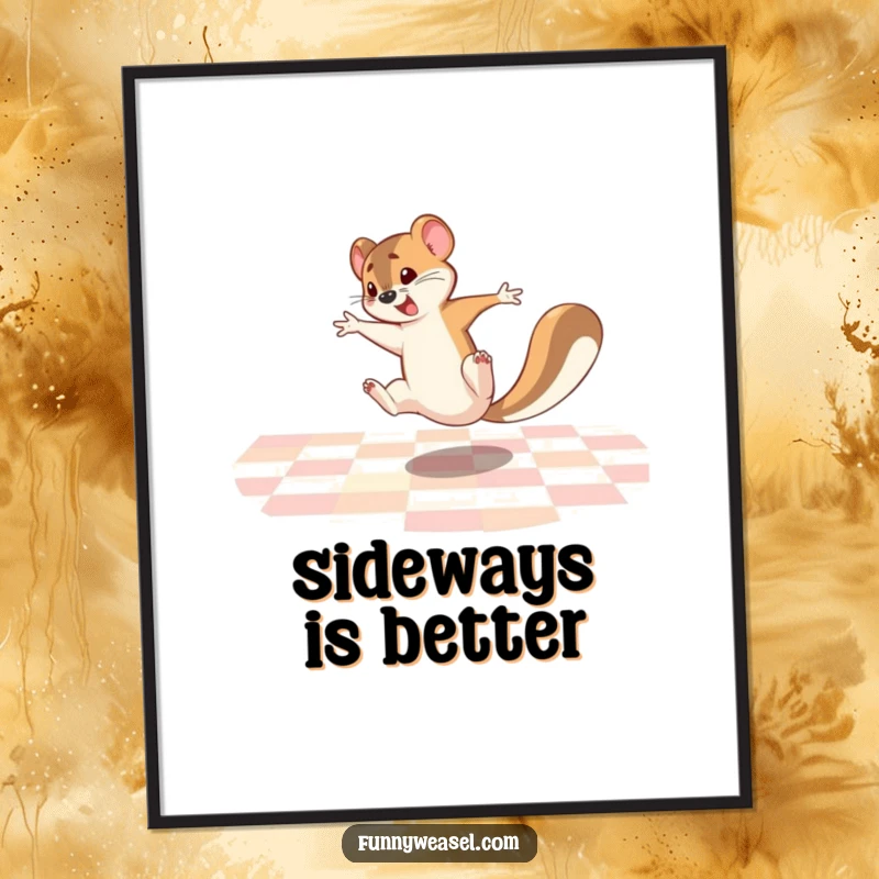 Funny Weasel Digital Art Print showing a weasel performing a comedic cartwheel, ideal for instant download and joyful decoration.