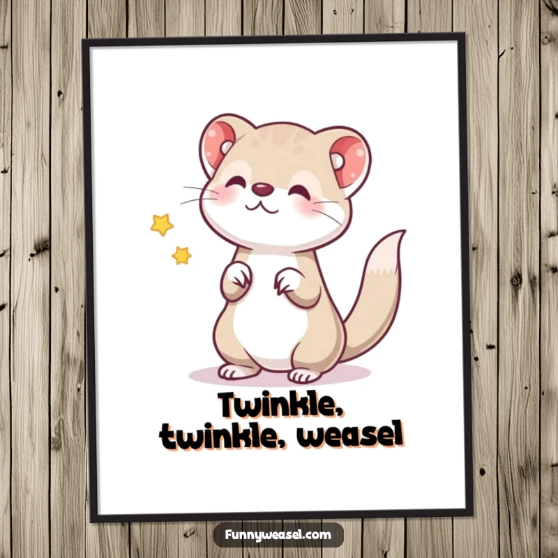 Funny digital art print of a weasel gleefully tossing a shimmering star, perfect for instant whimsical decor and as a funny gift.