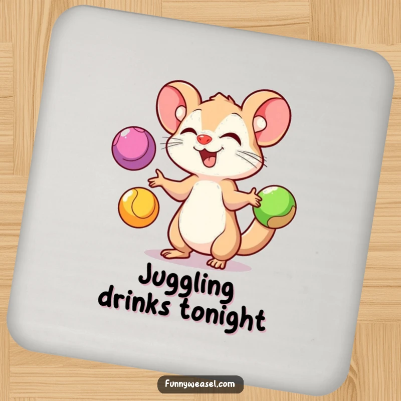 Funny Weasel Coaster depicting a playful weasel juggling three colorful balls, adding humor and surface protection.