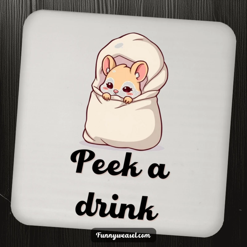 Funny Weasel Coaster depicting a cheeky weasel peeking from a large bag, adding humor and surface protection.