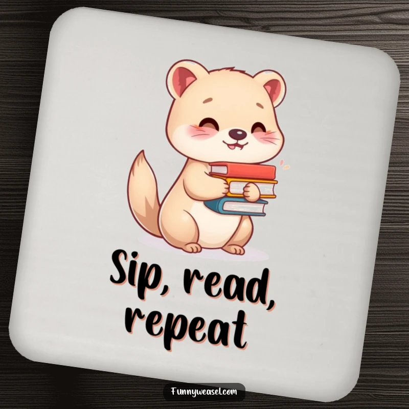 Funny drink coaster set with a smiling weasel balancing books, adding humorous decor and a funny gift.