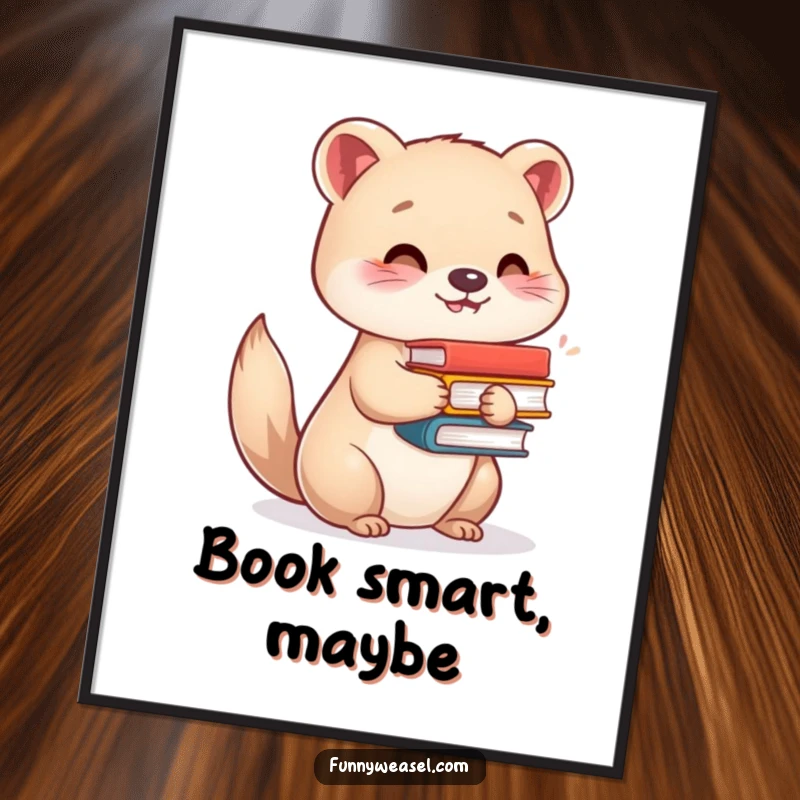 Funny poster depicting a happy weasel artistically balancing a stack of books, adding humor to home decor as a funny gift.