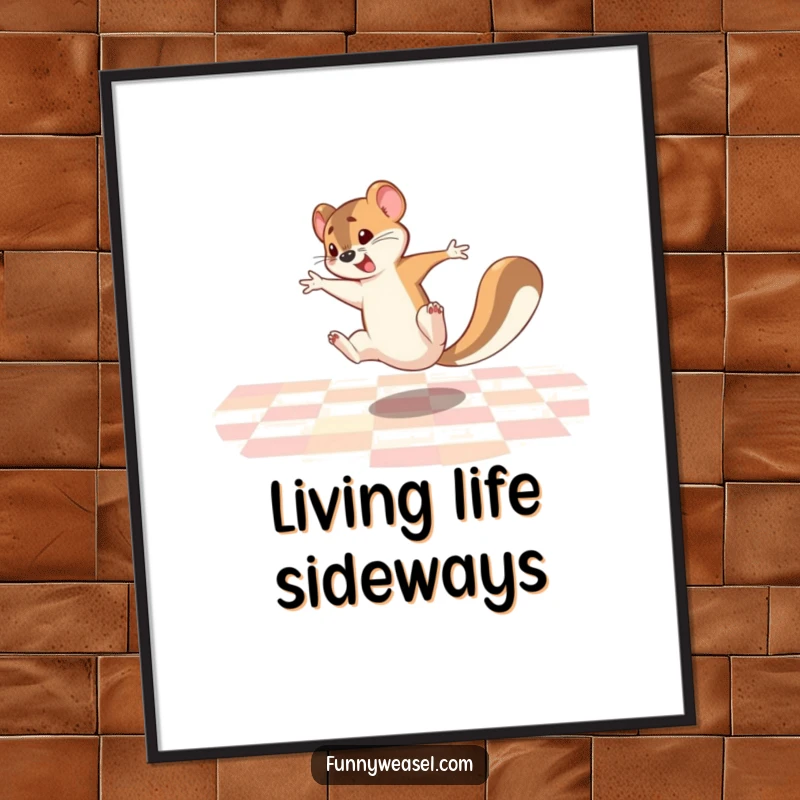 Funny Weasel Poster showcasing a weasel's energetic cartwheel on a checkered floor, a dynamic piece of humorous wall art.
