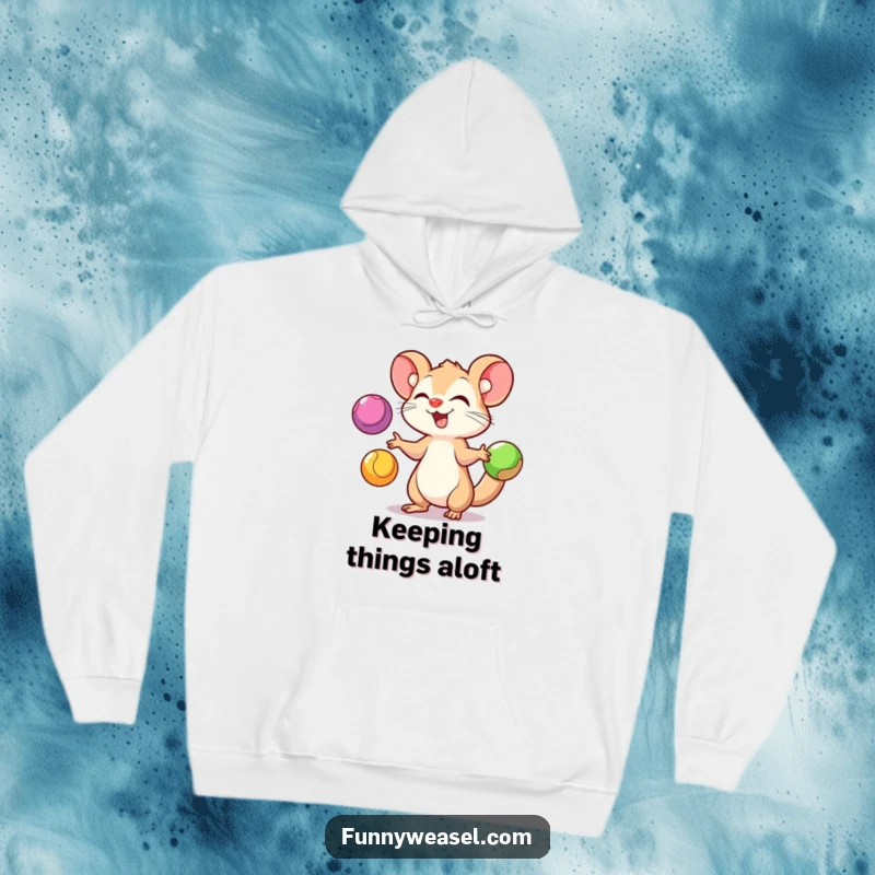 Funny Weasel Hoodie featuring a playful weasel juggling three colorful balls with gusto, offering warmth and a touch of performance humor.