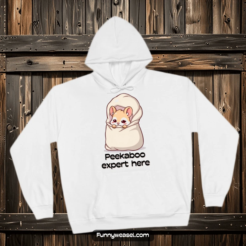 Funny Weasel Hoodie featuring a cheeky weasel peeking from a large, overflowing bag, symbolizing playful secrecy and warmth.