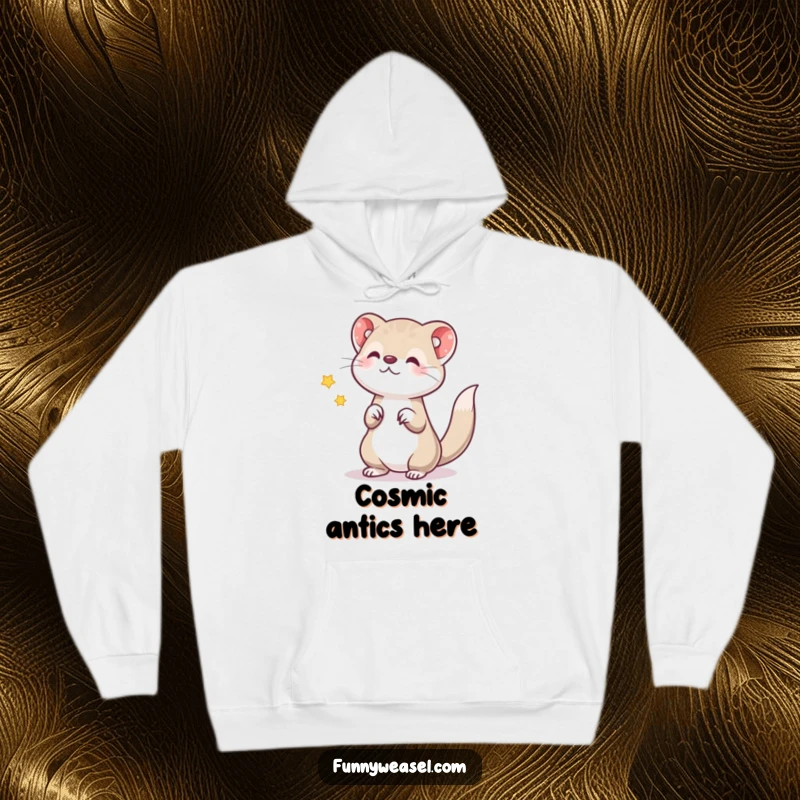 Funny hoodie featuring a lively weasel tossing a shimmering star, perfect for cozy nights and as a humorous funny gift.