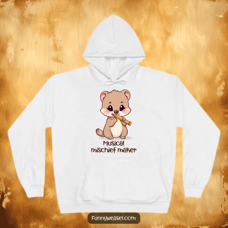 Funny hoodie artwork of a weasel happily playing a small flute, perfect for music lovers and as a humorous funny gift.