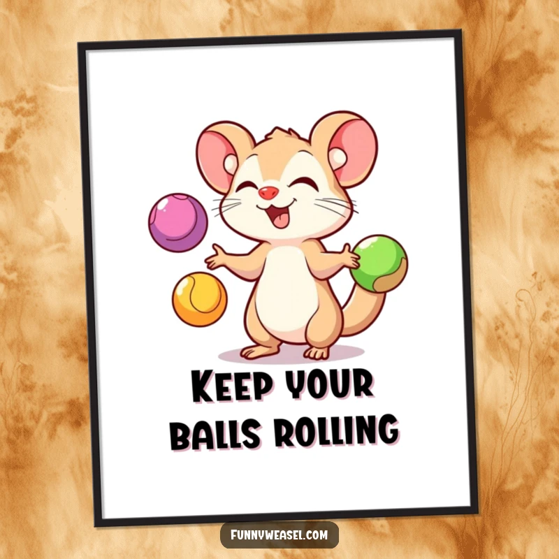Funny free printable wall art: A playful weasel energetically juggling three brightly colored balls, bringing a lively and humorous vibe to the space.