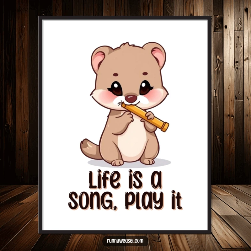 Funny free printable wall art of a happy weasel playing a tiny flute, creating a whimsical musical scene.