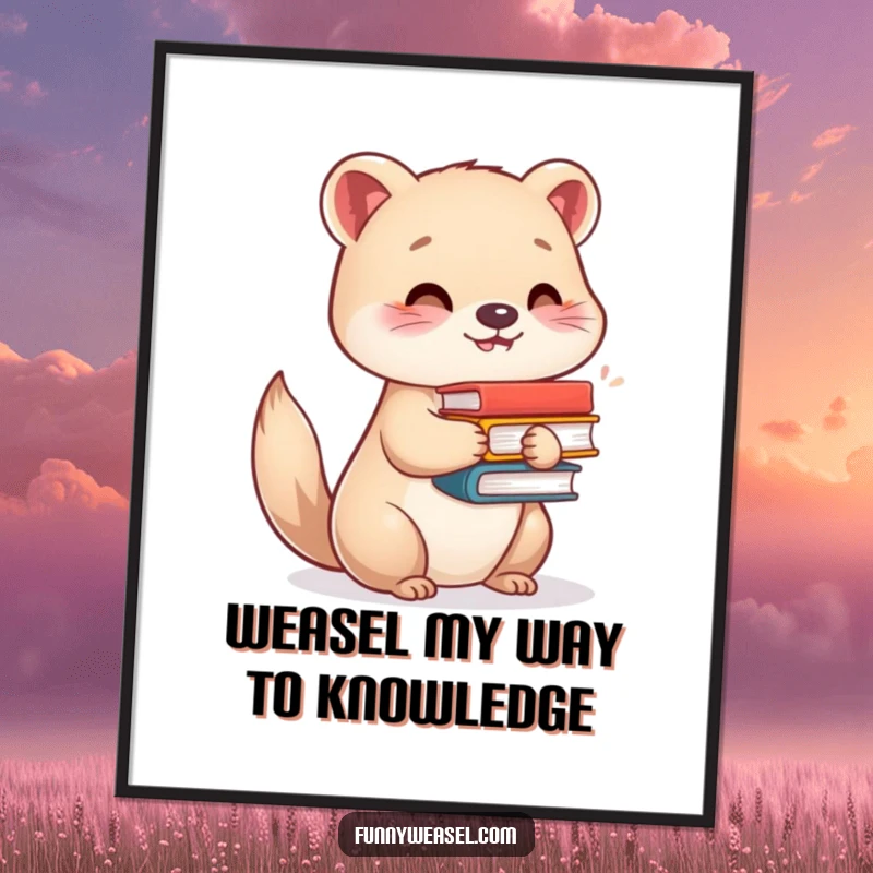 Funny free printable wall art of a contented weasel balancing a stack of books, a humorous addition to any room.