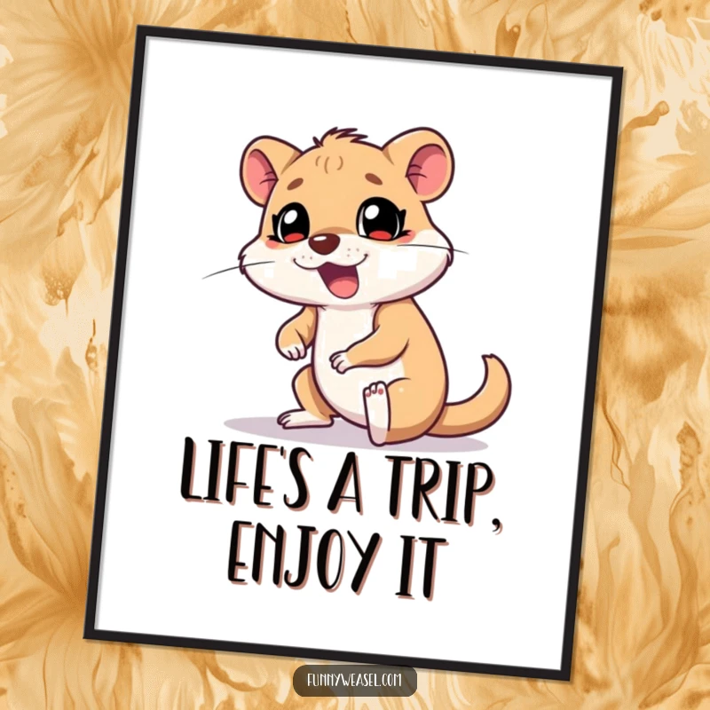 Funny free printable wall art: A goofy weasel comically tripping over its own feet with a surprised yelp, adding slapstick humor to decor.
