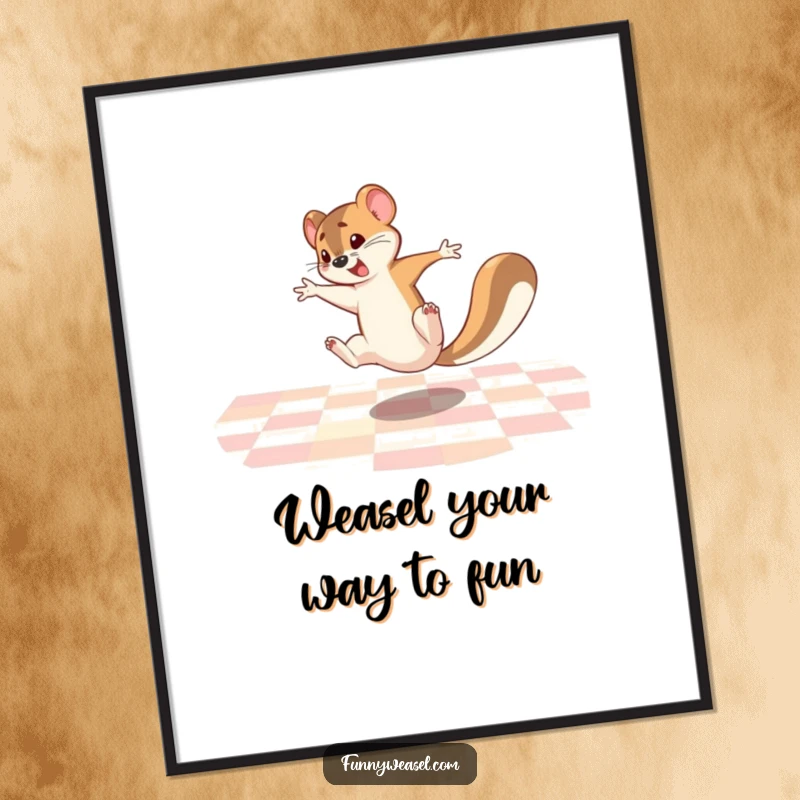 Funny free printable wall art: A hyperactive weasel mid-cartwheel on a checkered floor, bringing energetic and humorous vibes to any room.