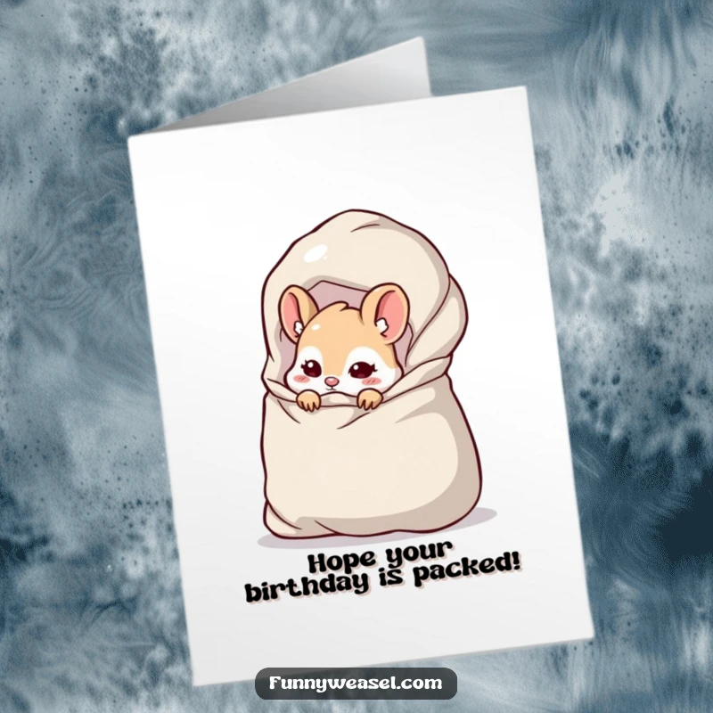 Funny free printable birthday card: A cheeky weasel peeking slyly from behind a massive bag overflowing with goodies, hinting at surprises.