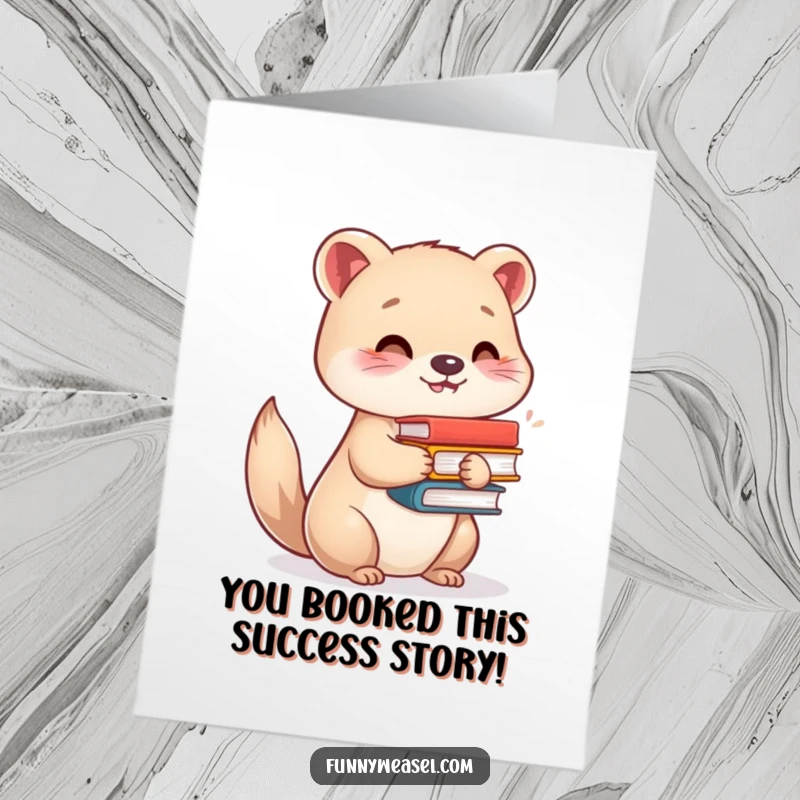 Funny free printable congratulations card with a happy weasel proudly balancing a stack of books. Perfect for celebrating achievements.
