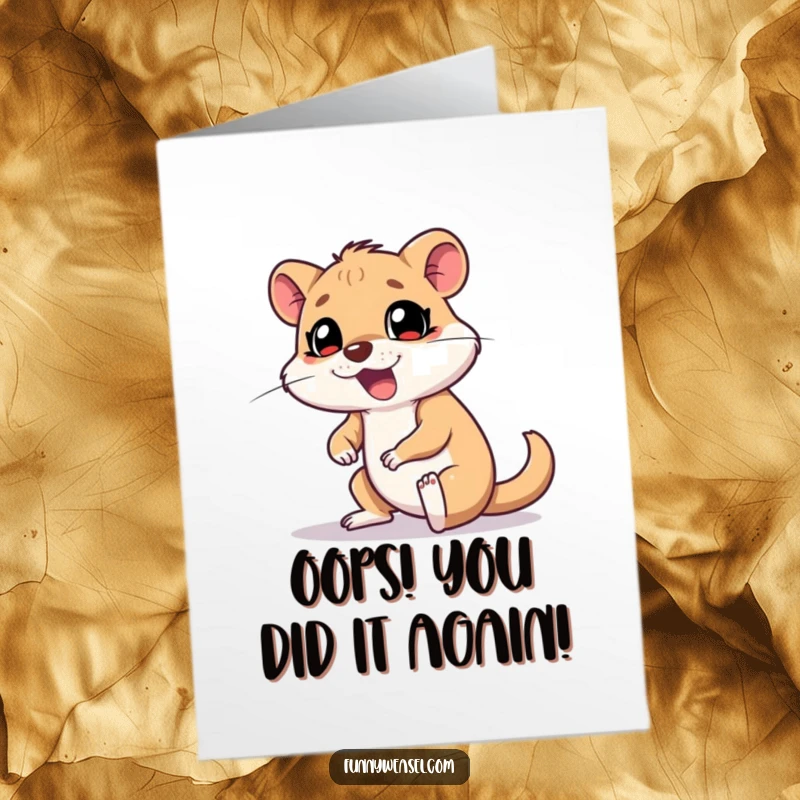Funny free printable congratulations card: A goofy weasel tripping over its own feet, exclaiming with surprise, adding humor to their success.