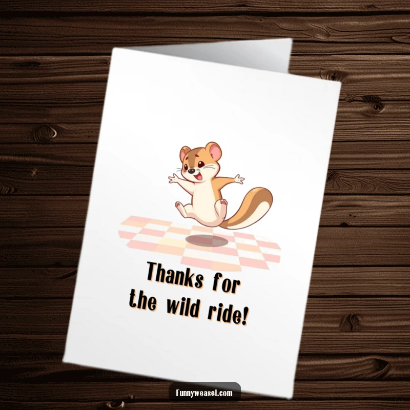 Funny free printable thank you card: A weasel doing a giddy cartwheel, expressing energetic gratitude with a big smile.