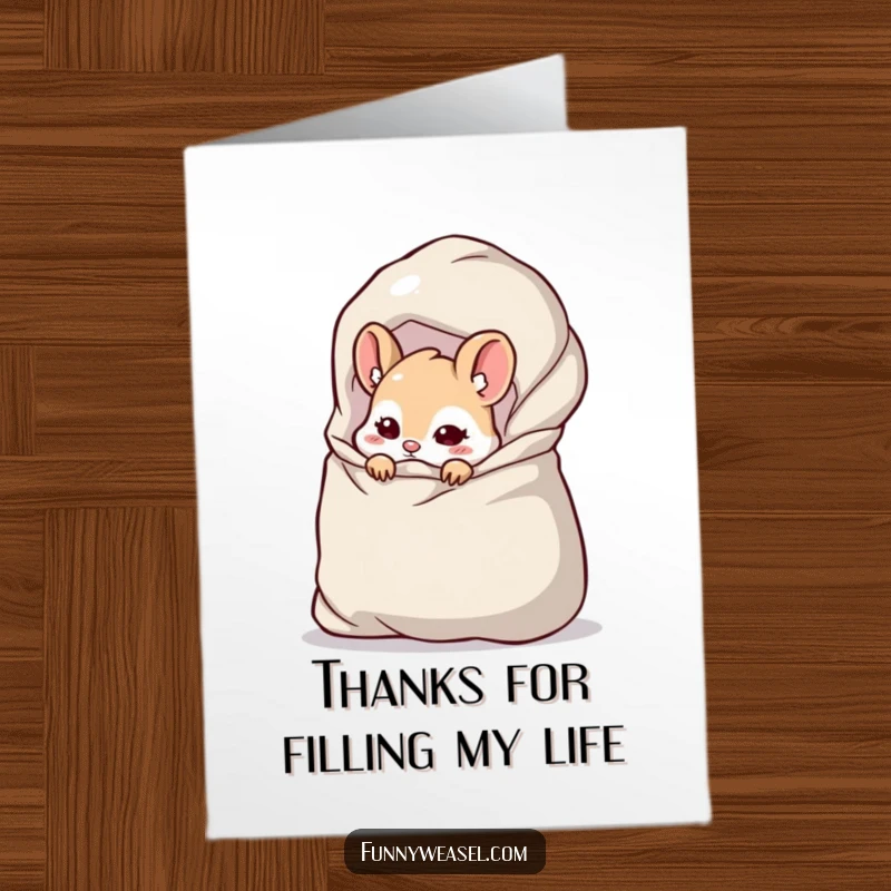 Funny free printable thank you card: A weasel peeking playfully from a giant bag, offering thanks with a sly and happy expression.