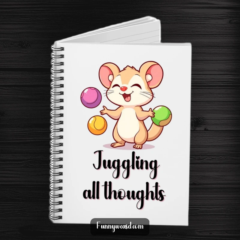 Funny Weasel Notebook with a playful weasel juggling three colorful balls, perfect for jotting down thoughts with humorous inspiration.