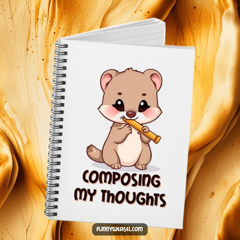 Funny notebook cover art of a weasel playing a flute, perfect for music lovers and as a humorous funny gift.