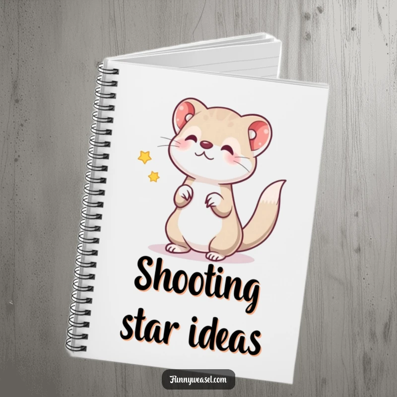 Funny notebook cover art of a bouncy weasel tossing a shimmering star, perfect for creative minds and as a funny gift.