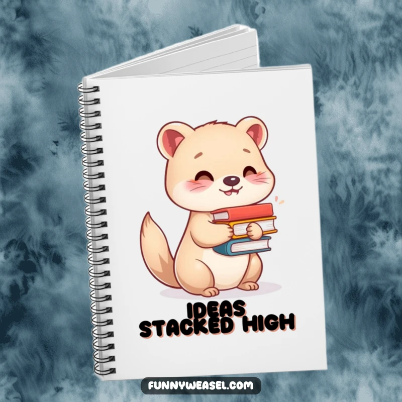 Funny notebook cover illustration of a contented weasel balancing books, ideal for journaling and as a funny gift.