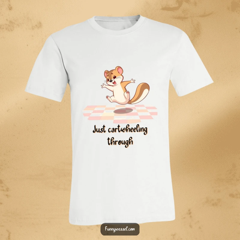 Funny Weasel T-Shirt depicting a hyperactive weasel doing a comical cartwheel across a checkered pattern, radiating high energy.