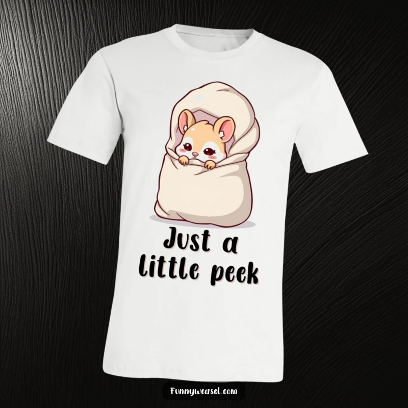 Funny Weasel T-Shirt with a cheeky weasel peeking from behind a giant bag full of items, suggesting playful secrecy.