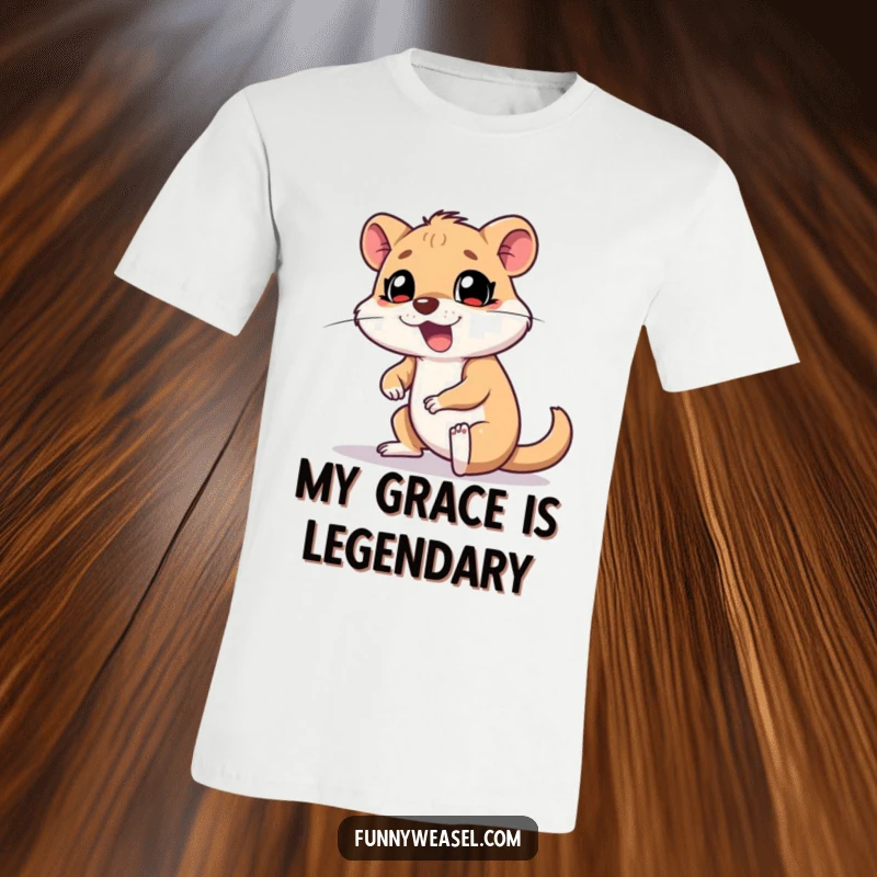 Funny Weasel T-Shirt depicting a goofy weasel stumbling spectacularly with legs in the air and a surprised yelp, highlighting comedic failure.