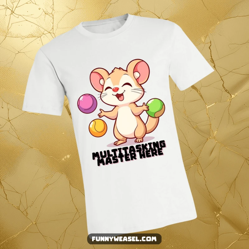 Funny Weasel T-Shirt depicting a playful weasel juggling three vibrant balls with energy and skill, showcasing comedic talent.
