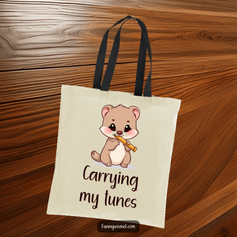 Funny tote bag graphic of a weasel playing a flute, perfect for carrying music sheets or daily items, a delightful funny gift.