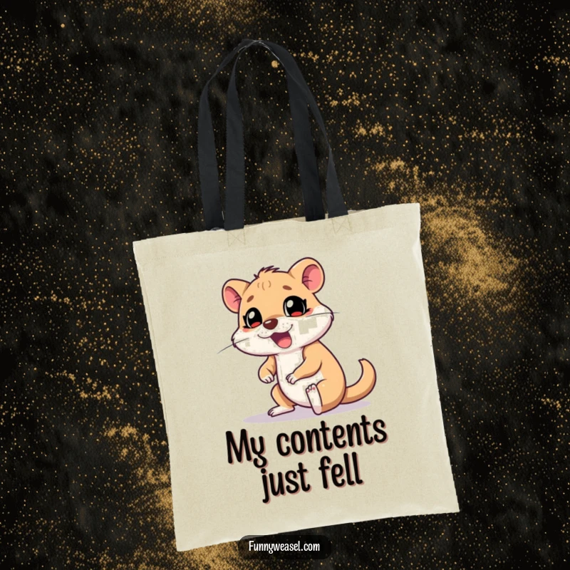 Funny Weasel Tote Bag showcasing a goofy weasel tripping over its feet with a surprised yelp, perfect for carrying essentials with humor.