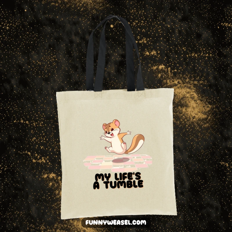 Funny Weasel Tote Bag with a hyperactive weasel doing a lively cartwheel across a checkered floor, ideal for carrying essentials with humor.