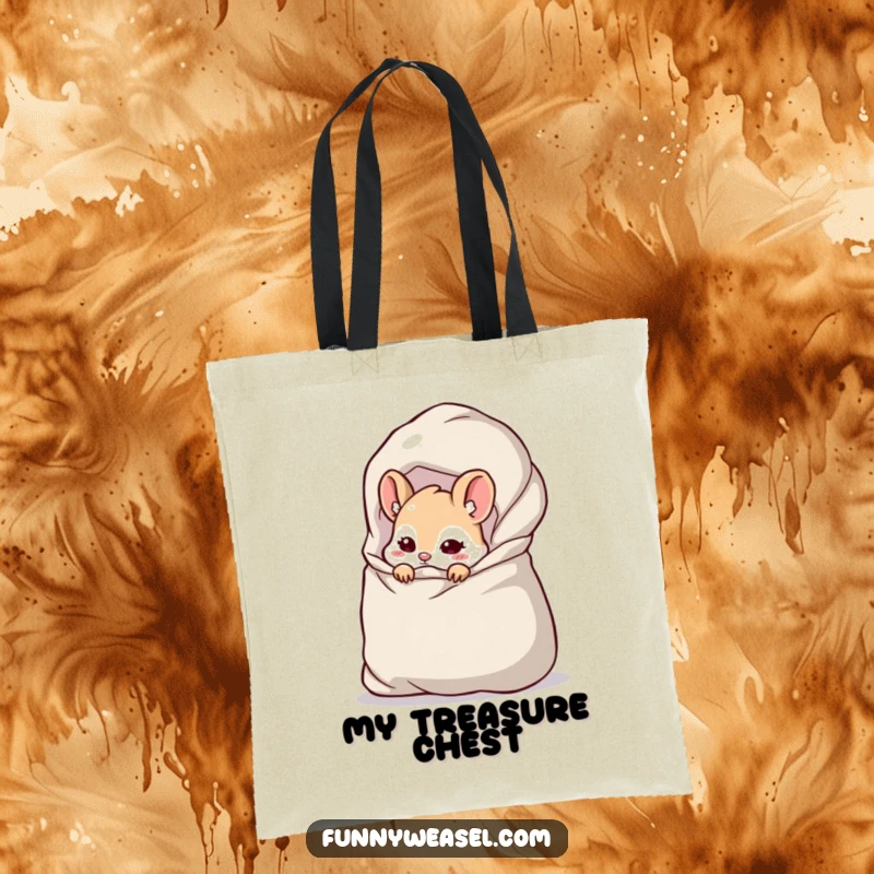 Funny Weasel Tote Bag showcasing a cheeky weasel peeking from a giant, overflowing bag, perfect for carrying goodies with humor.